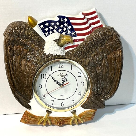 Patriotic Bald Eagle Wall Clock With American Flag Quartz Movement - Picture 1 of 10